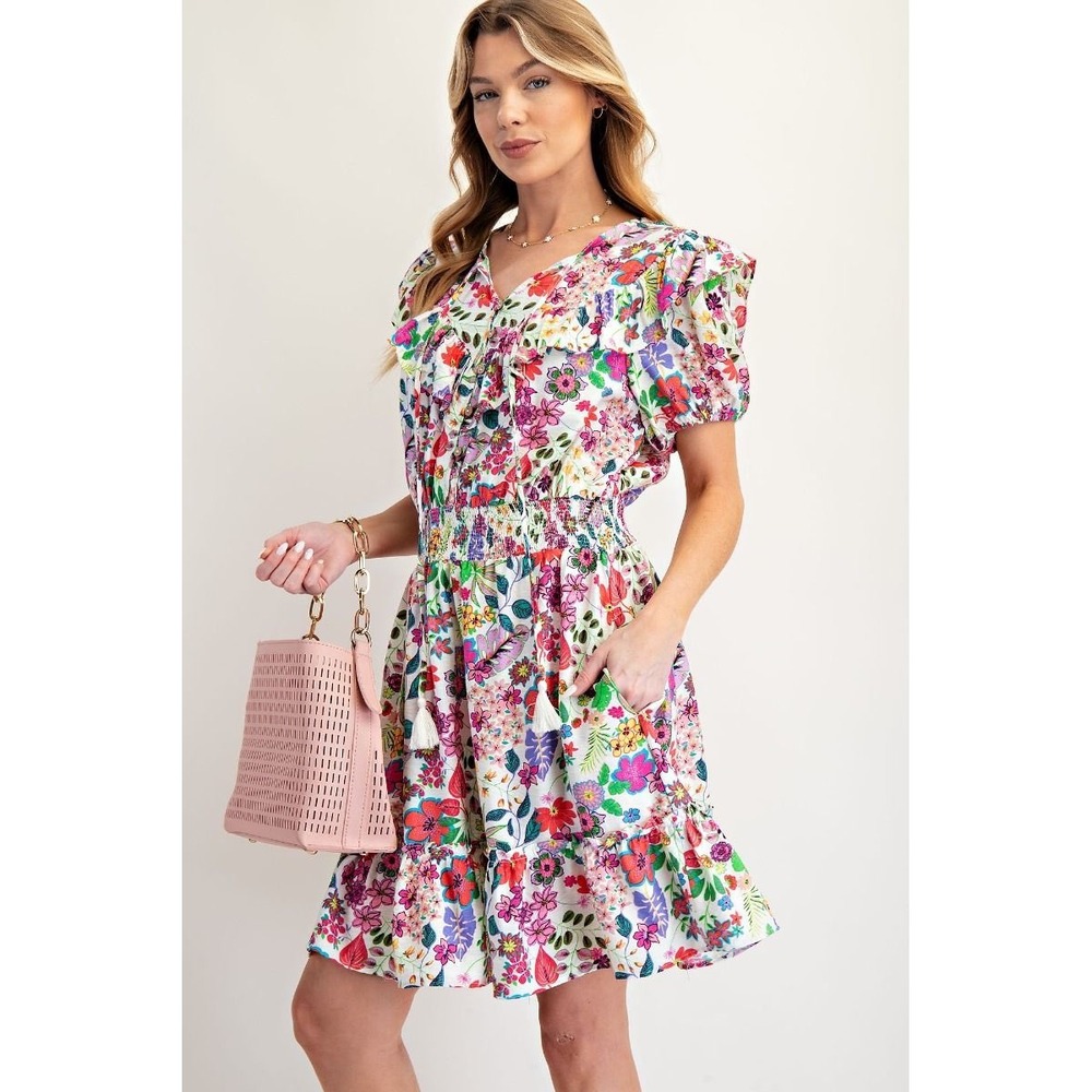 Easel Floral Print Peach Blossom Tiered‎ Dress Smocked Waist  LARGE